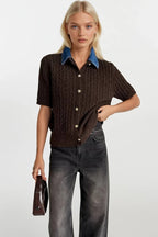 Denim Collar Gold Buttoned Half Sleeve Brown Knit Blouse