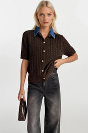 Denim Collar Gold Button Half Sleeve Brown Knit Blouse