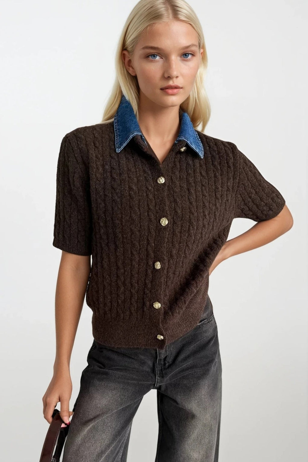 Denim Collar Gold Buttoned Half Sleeve Brown Knit Blouse