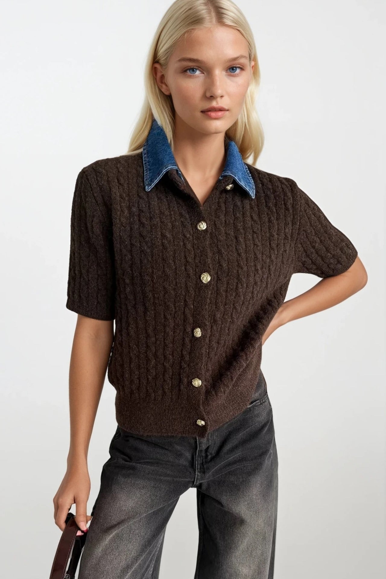 Denim Collar Gold Buttoned Half Sleeve Brown Knit Blouse