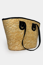 Leather Detail Straw Beige Bag