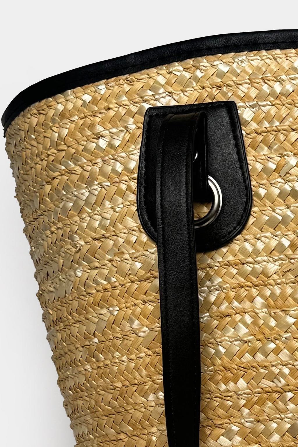 Leather Detail Straw Beige Bag