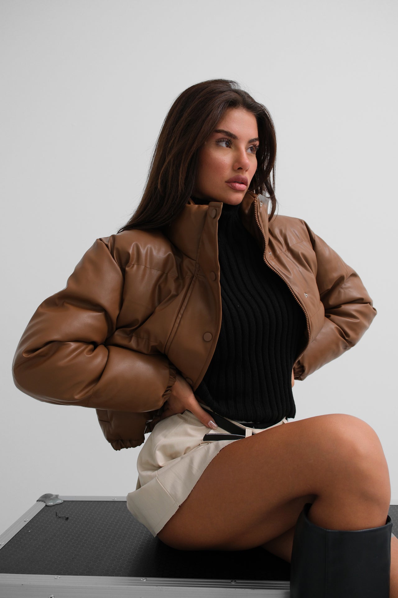 Tan Leather Puffer Coat