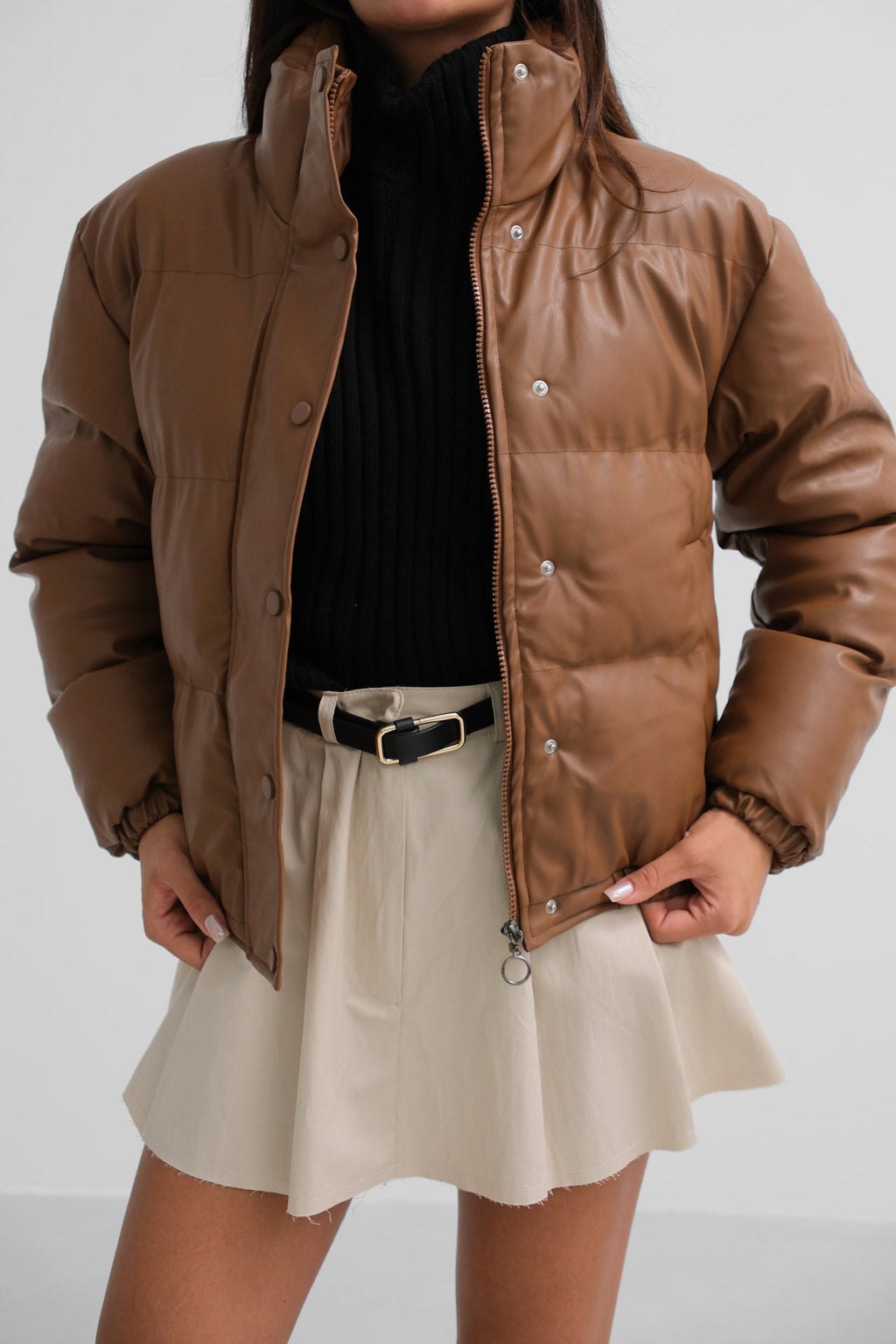 Tan Leather Puffer Coat