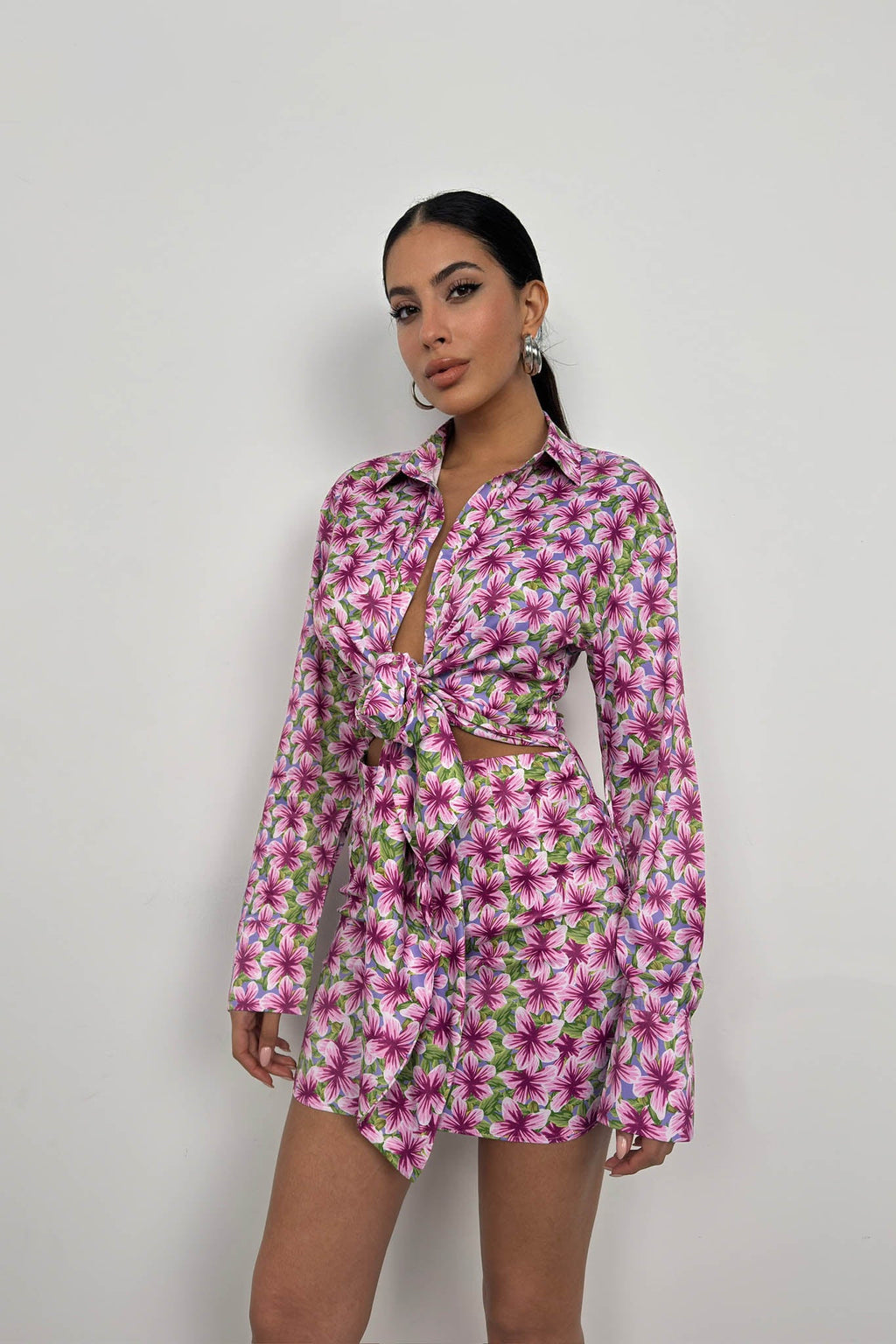 Patterned Tie Detail Pink Mini Dress