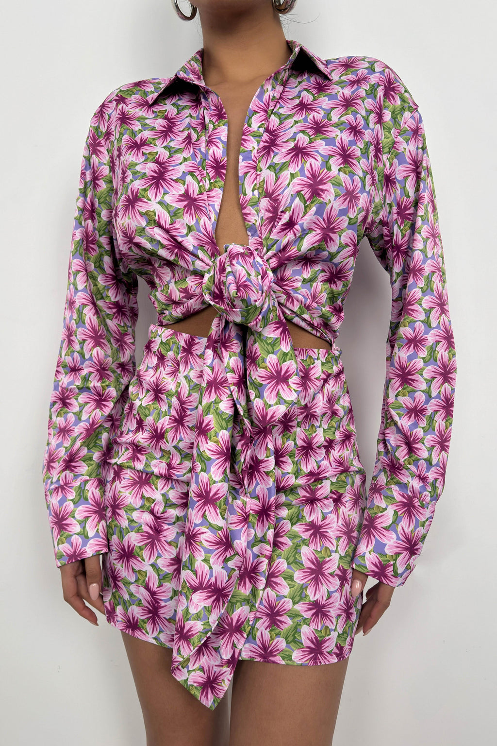 Patterned Tie Detail Pink Mini Dress