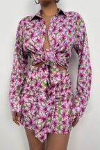 Patterned Tie Detail Pink Mini Dress