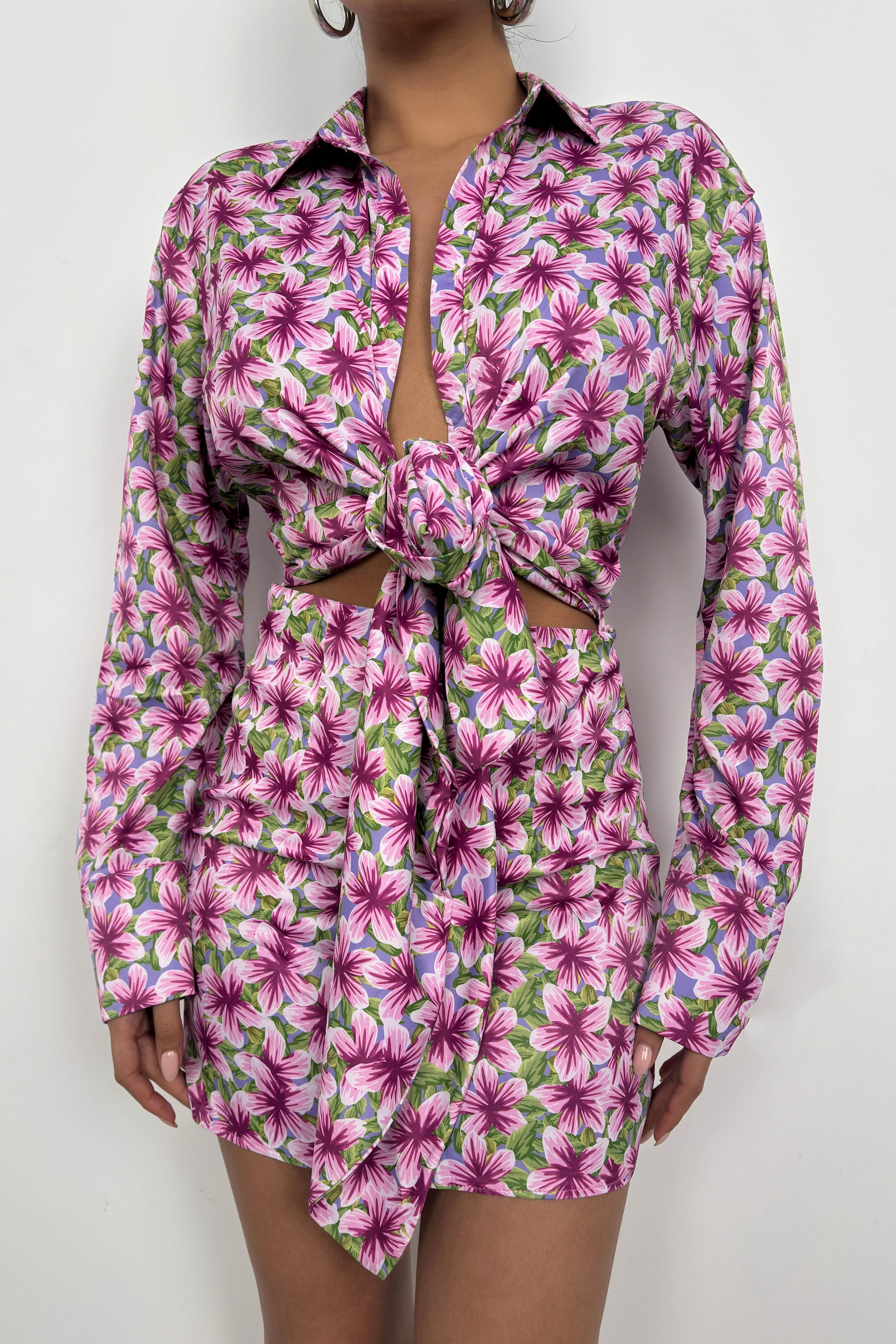 Patterned Tie Detail Pink Mini Dress