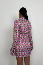 Patterned Tie Detail Pink Mini Dress