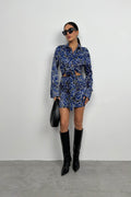 Patterned Tie Detail Blue Mini Dress