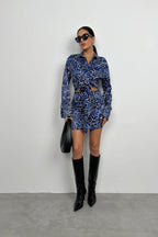 Patterned Tie Detail Blue Mini Dress