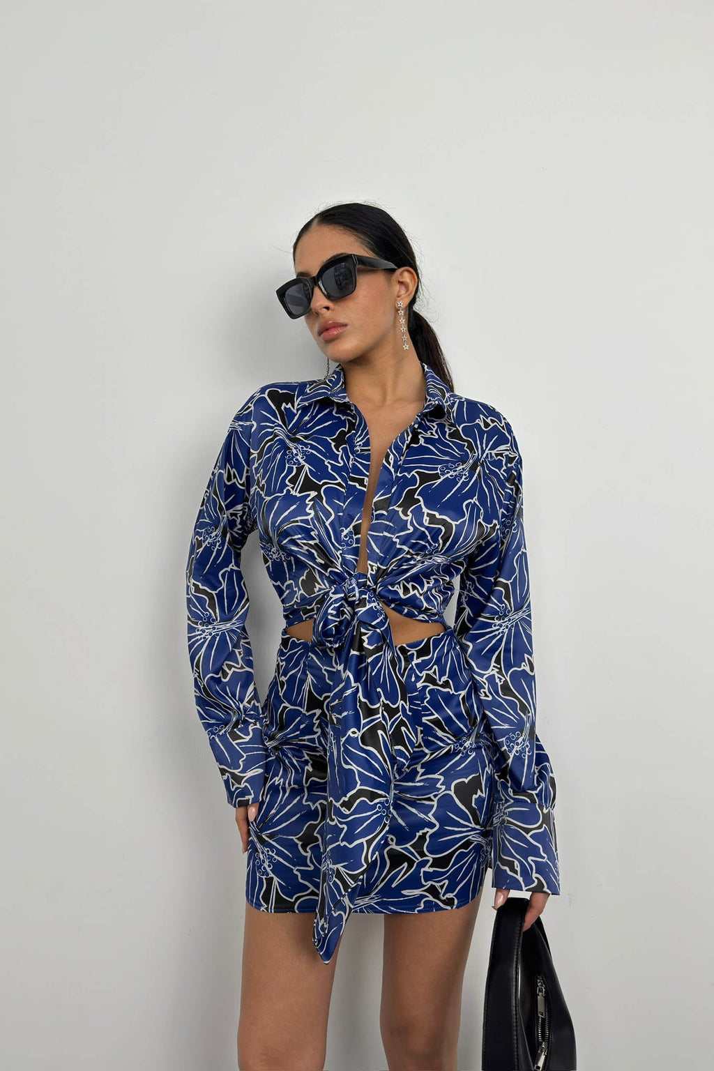 Patterned Tie Detail Blue Mini Dress