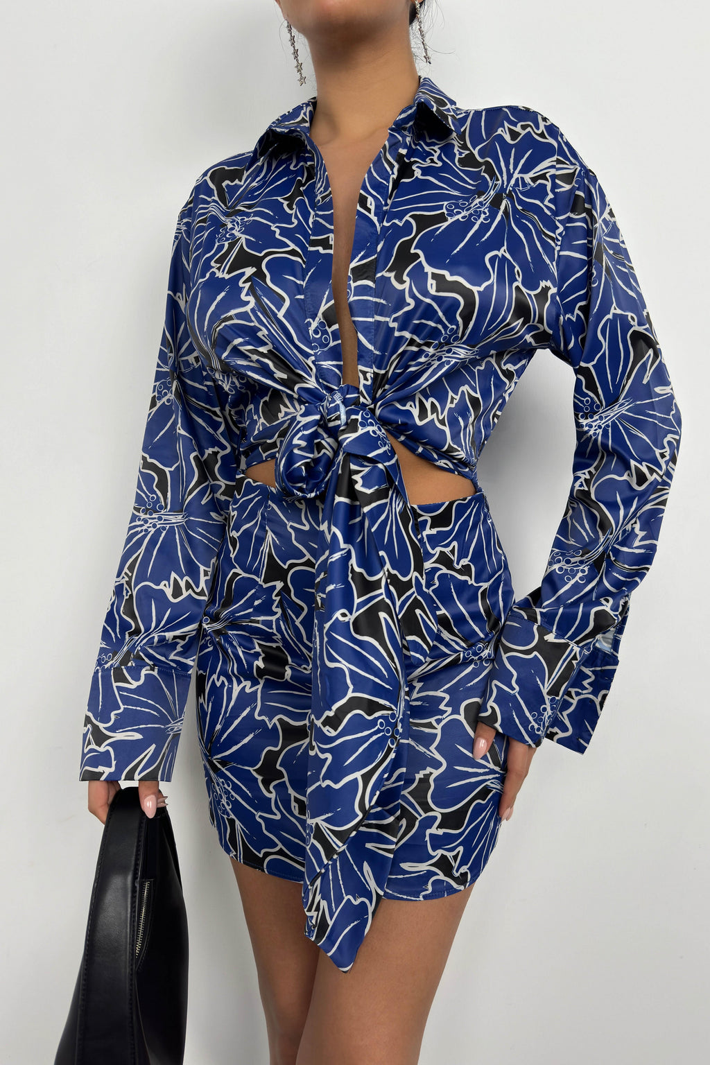 Patterned Tie Detail Blue Mini Dress