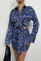 Patterned Tie Detail Blue Mini Dress