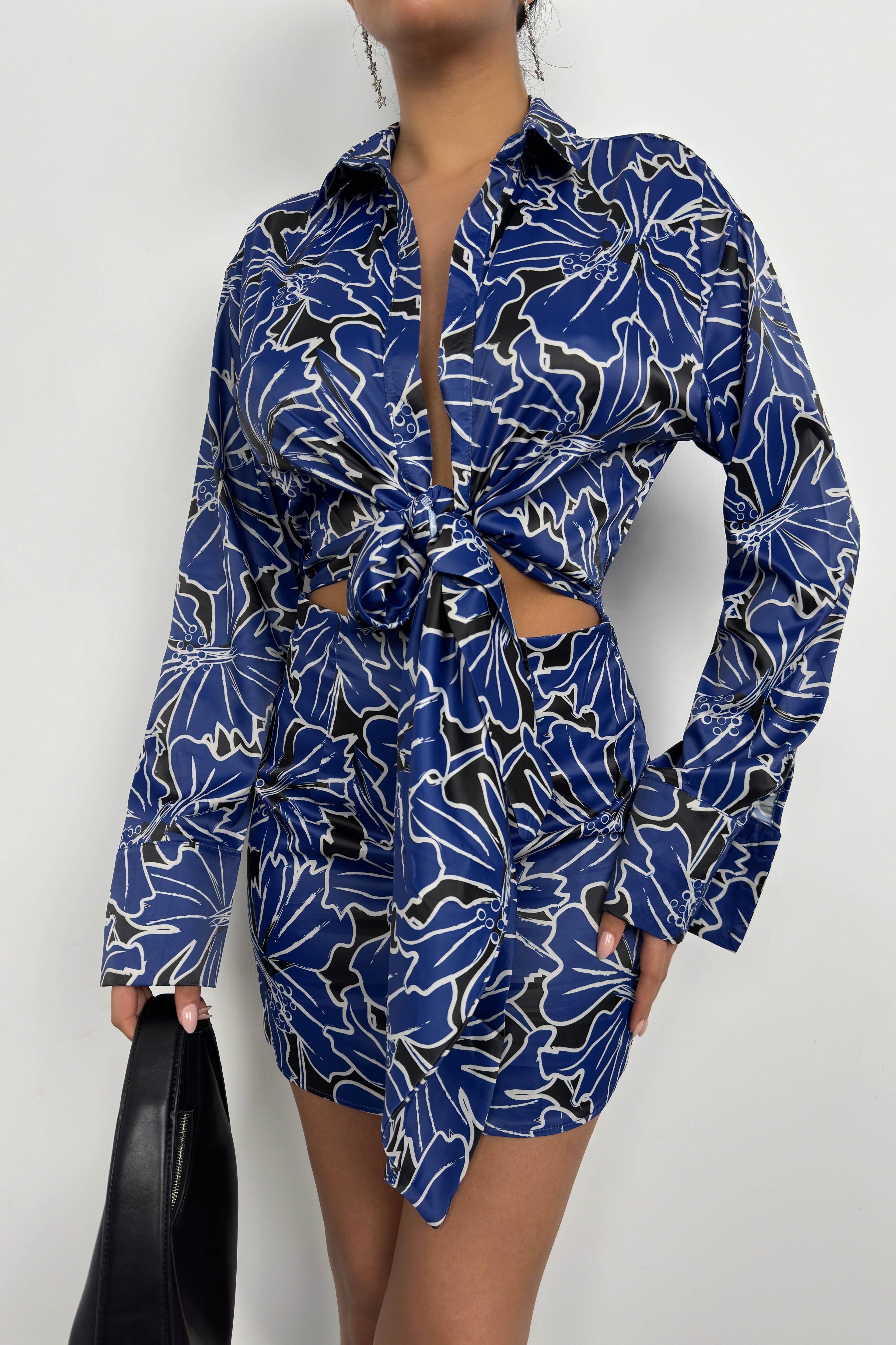 Patterned Tie Detail Blue Mini Dress
