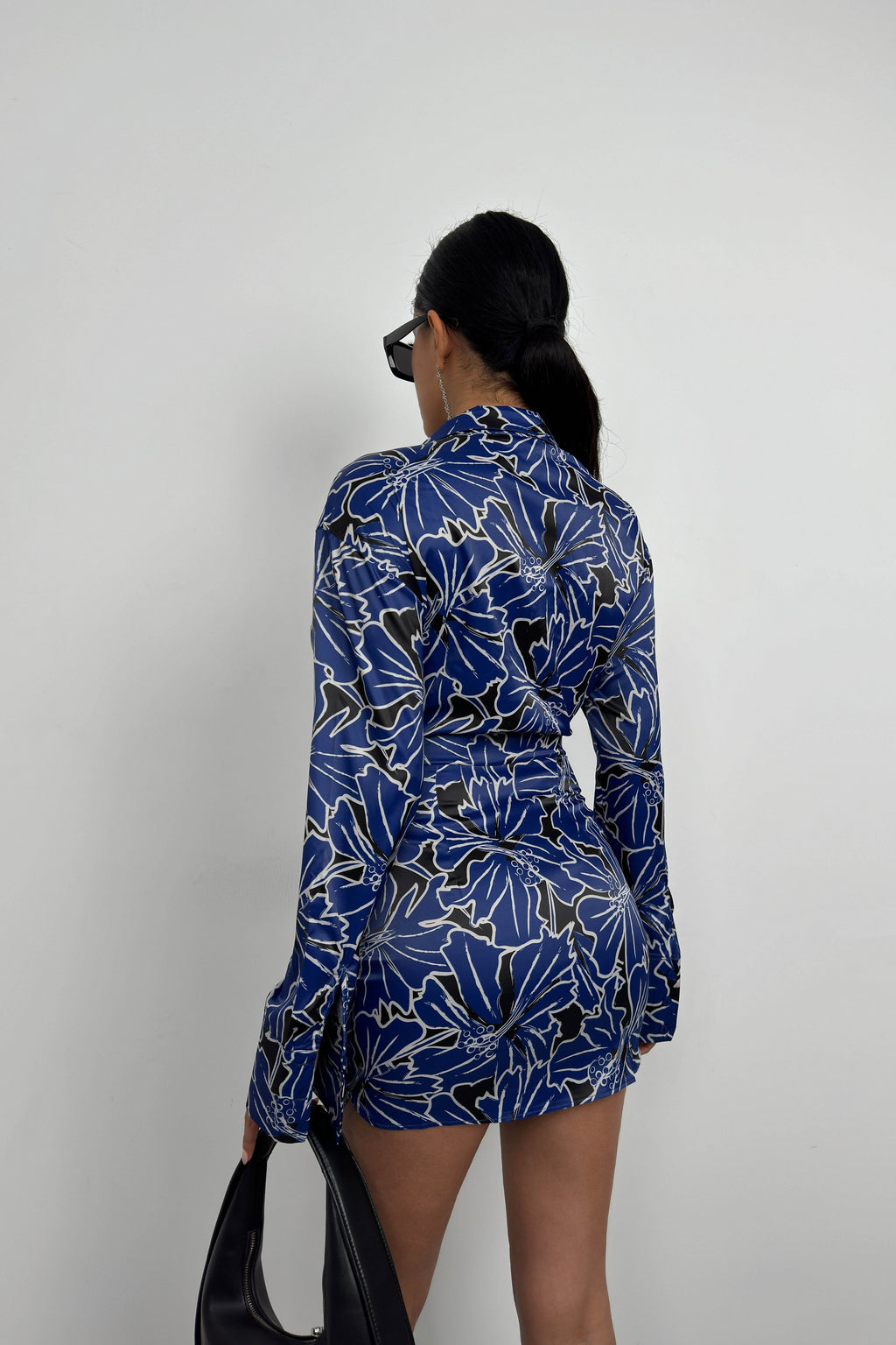 Patterned Tie Detail Blue Mini Dress