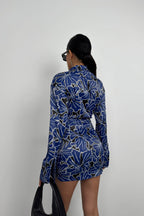 Patterned Tie Detail Blue Mini Dress