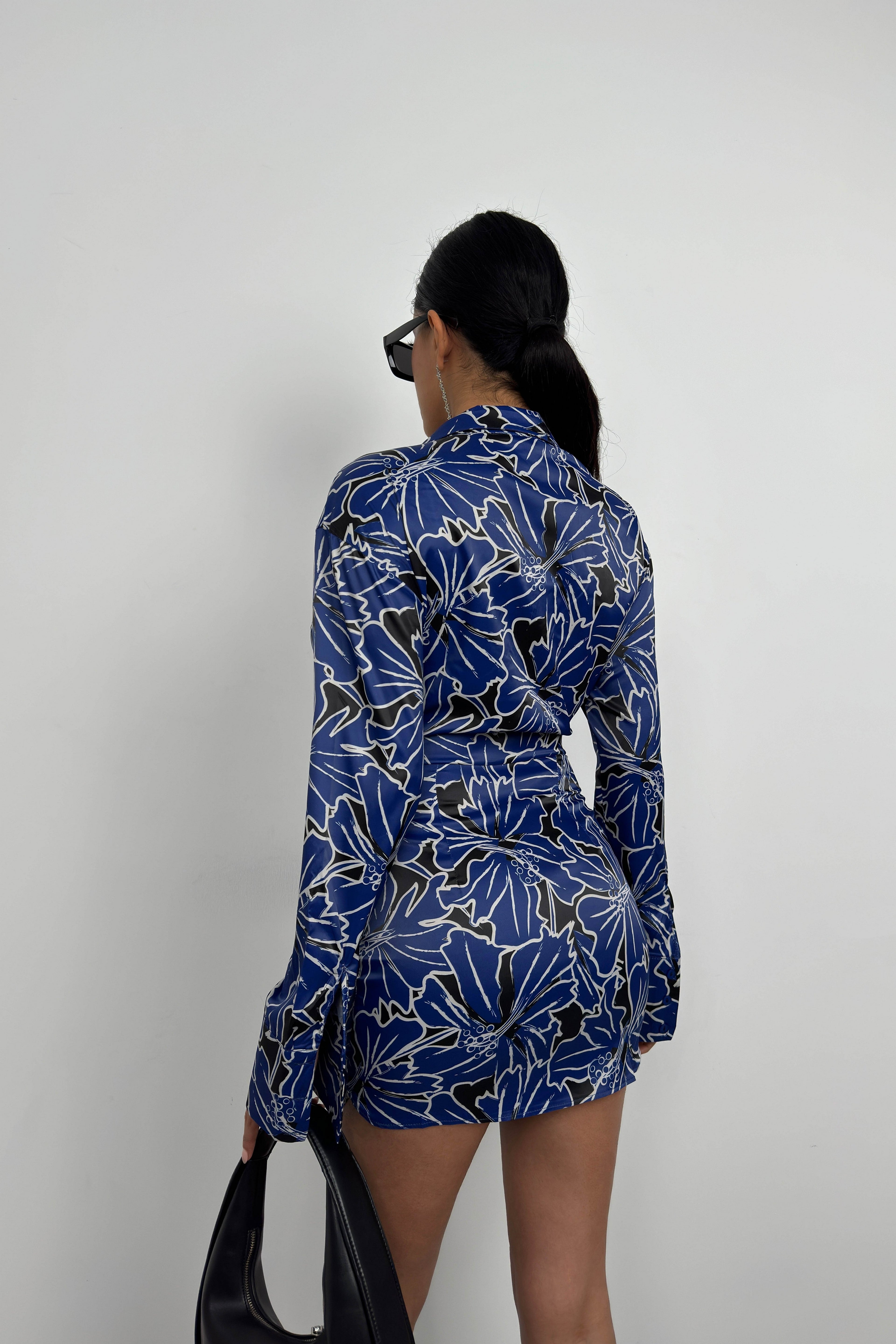 Patterned Tie Detail Blue Mini Dress