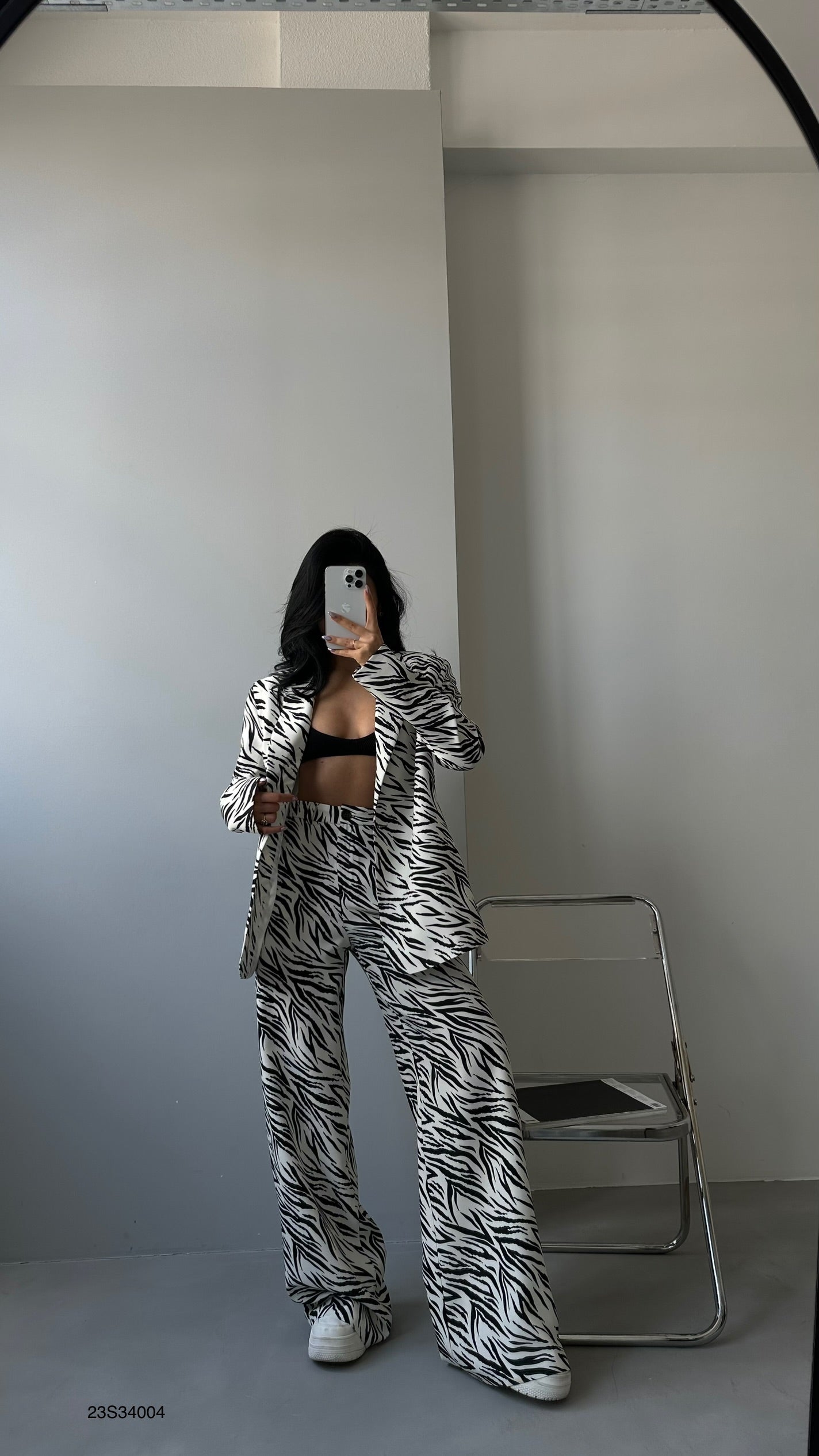 Patterned Blazer Black Jacket Pants Set