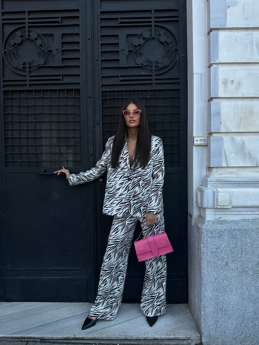 Patterned Blazer Black Jacket Pants Set