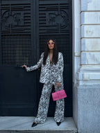 Patterned Blazer Black Jacket Pants Set