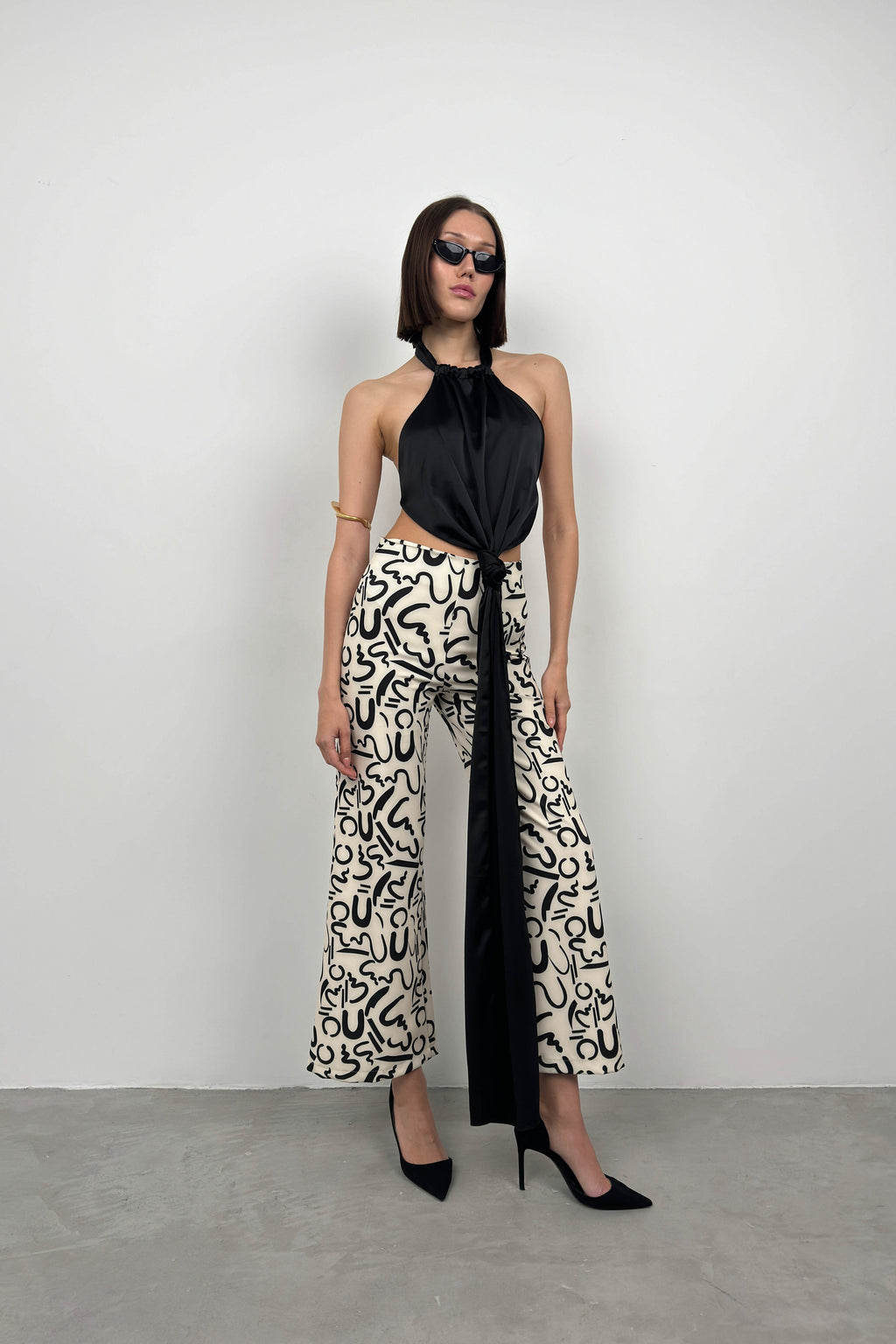 Patterned Straight Leg White Pants