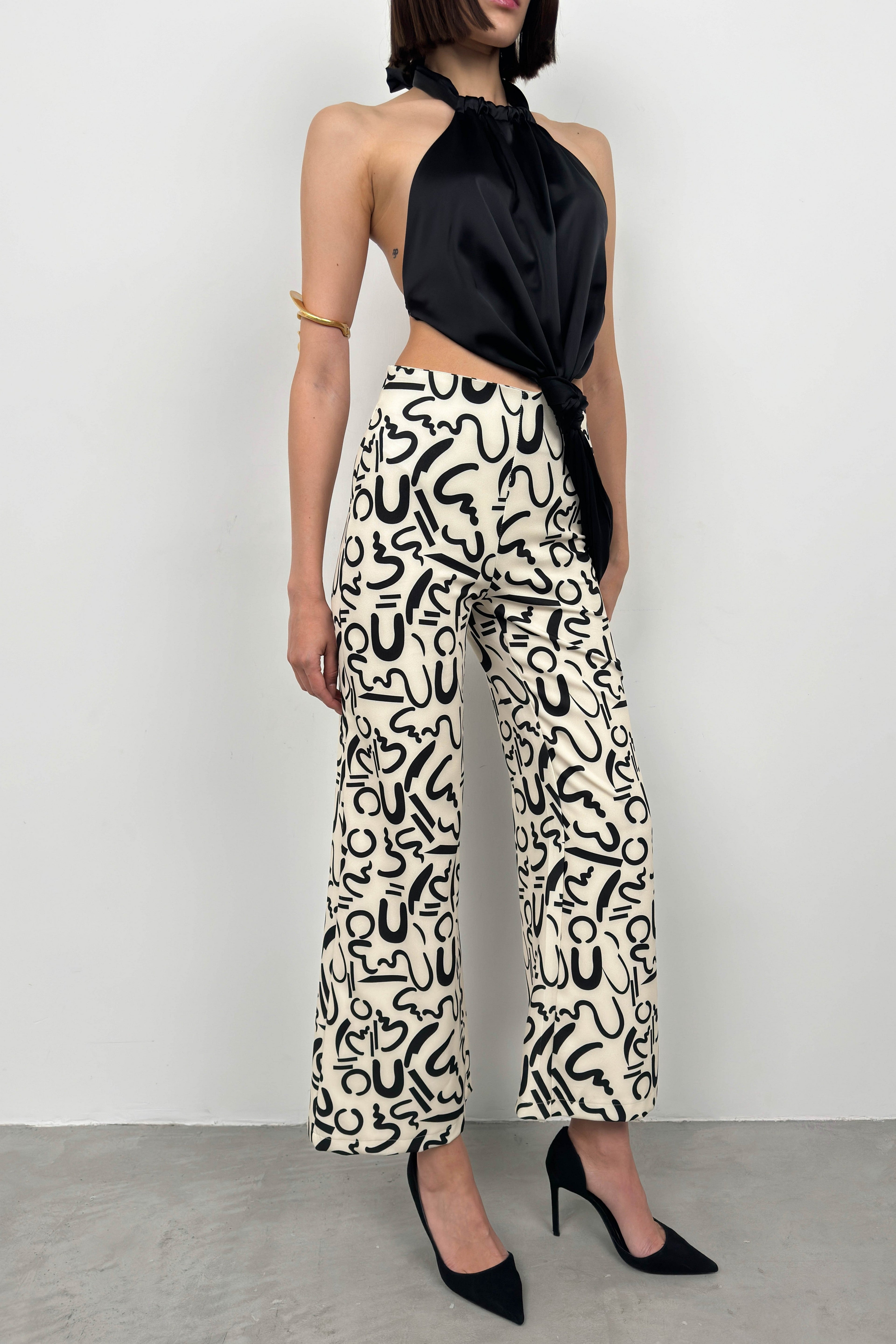 Patterned Straight Leg White Pants