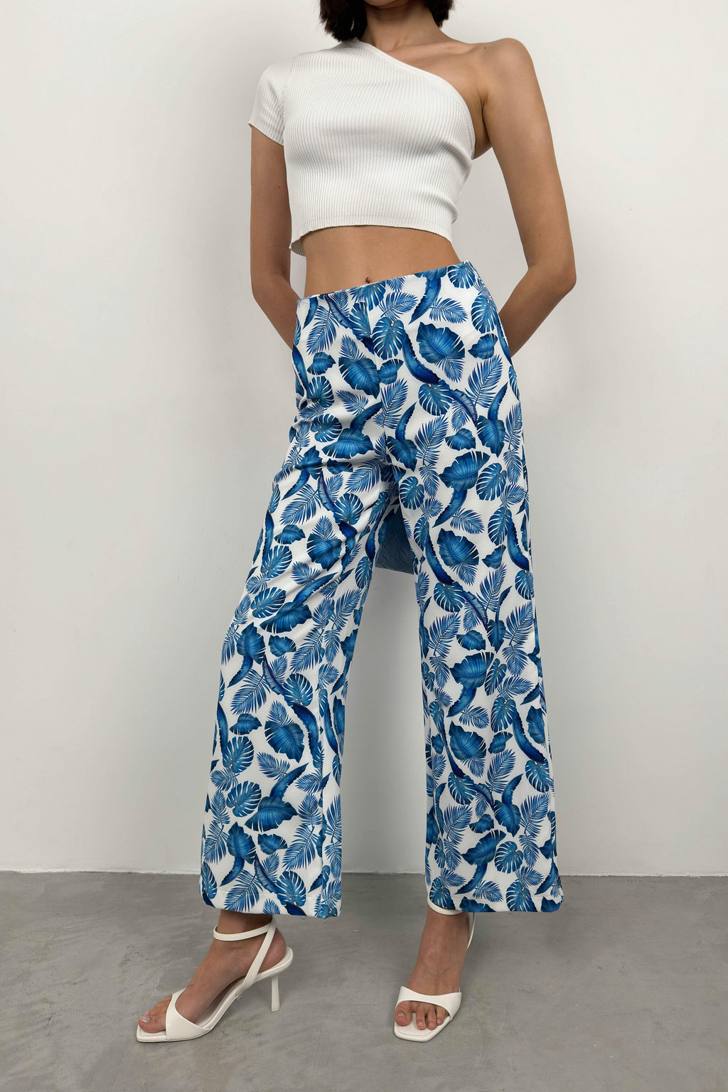 Patterned Straight Leg Blue Pants