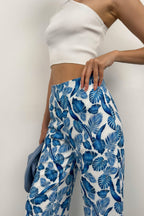 Patterned Straight Leg Blue Pants