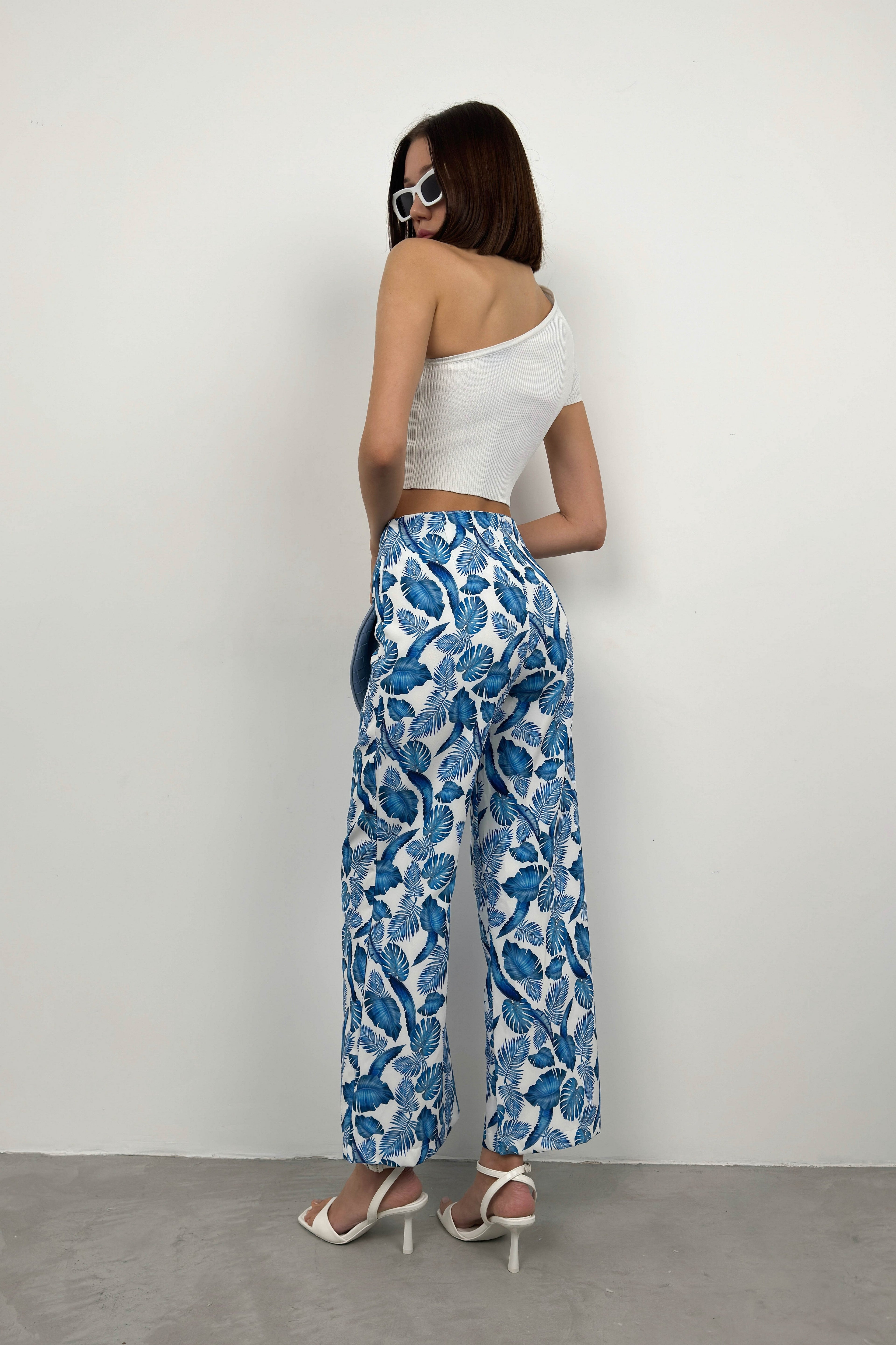 Patterned Straight Leg Blue Pants
