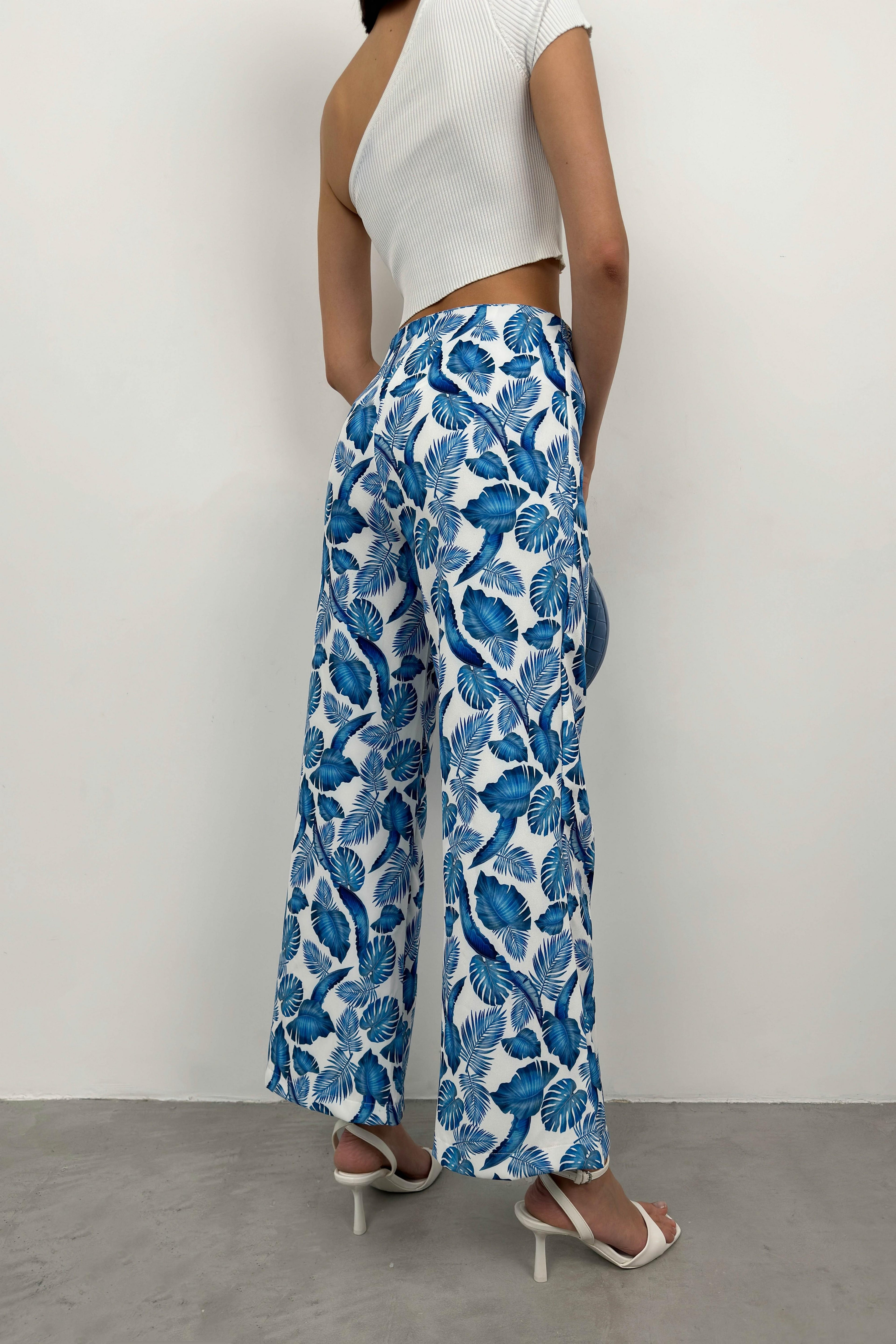 Patterned Straight Leg Blue Pants