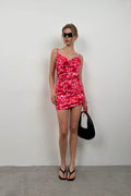 Patterned Ruched Pink Mini Dress