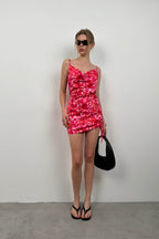 Patterned Ruched Pink Mini Dress