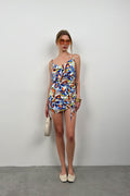 Patterned Ruched Blue Mini Dress