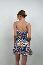 Patterned Ruched Blue Mini Dress