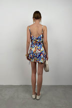 Patterned Ruched Blue Mini Dress