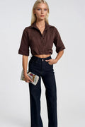 Patterned Crop Waist Ruched Short Sleeve Brown Shirt