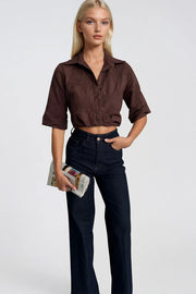 Patterned Crop Gathered Waist Short Sleeve Brown Shirt