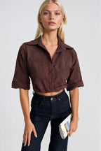 Patterned Crop Waist Ruched Short Sleeve Brown Shirt