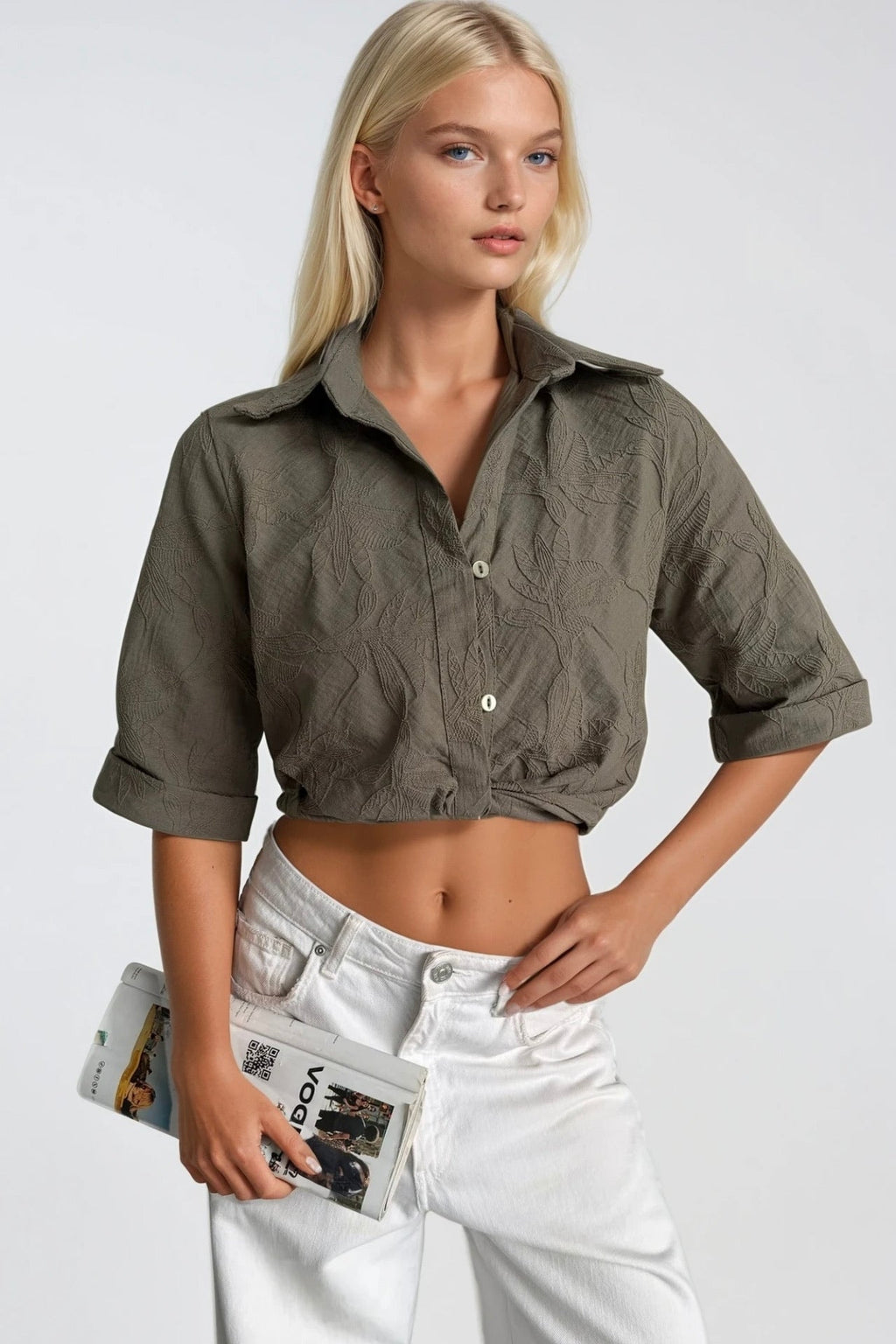 Patterned Crop Waist Ruched Short Sleeve Khaki Shirt