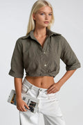 Patterned Crop Waist Ruched Short Sleeve Khaki Shirt
