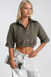 Patterned Crop Waist Shirred Short Sleeve Khaki Shirt