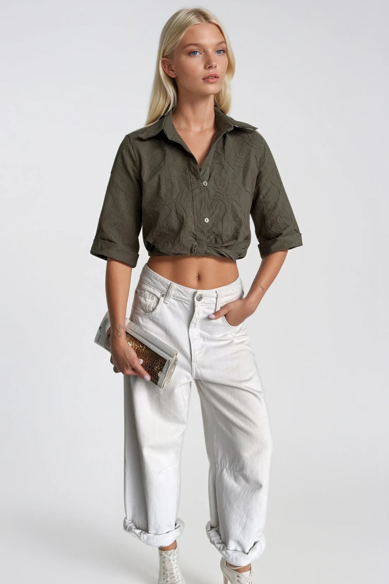 Patterned Crop Waist Ruched Short Sleeve Khaki Shirt