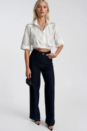 Patterned Crop Ruched Waist Short Sleeve Ecru Shirt