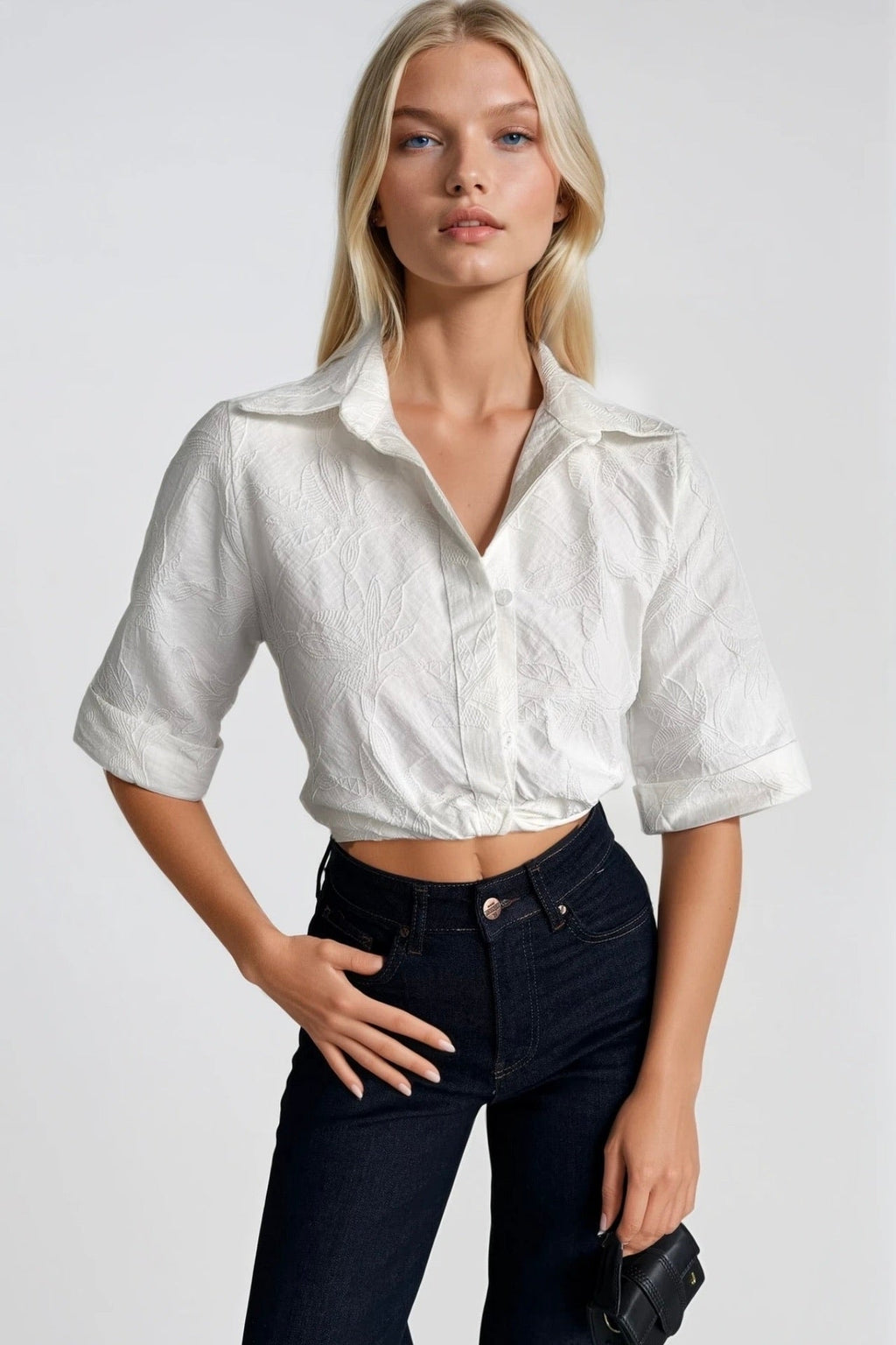 Patterned Crop Waist Ruched Short Sleeve Ecru Shirt