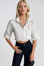 Patterned Crop Waist Ruched Short Sleeve Ecru Shirt