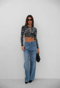 Patterned Crop Black Blouse