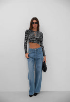 Patterned Crop Black Blouse