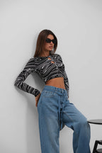 Patterned Crop Black Blouse