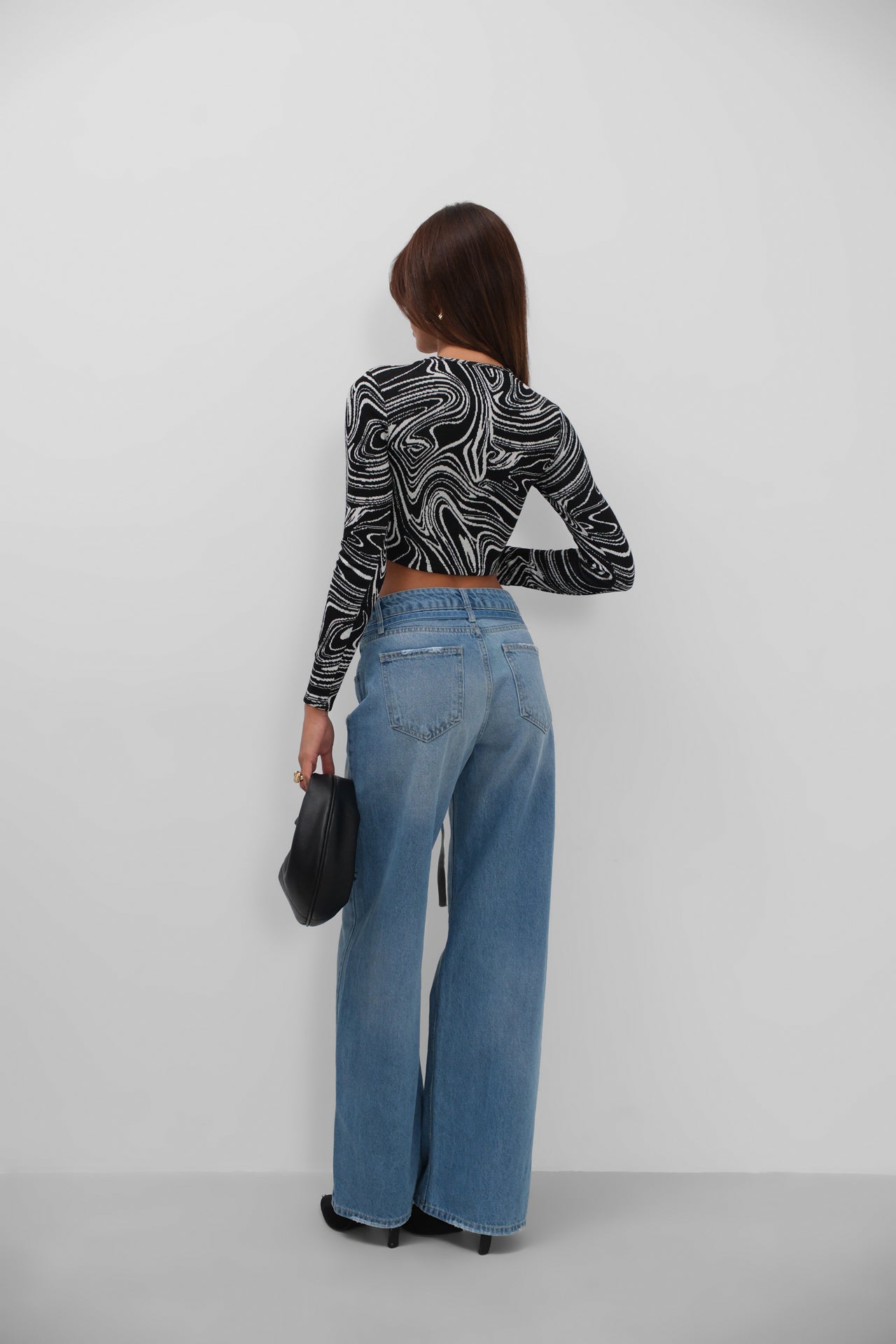 Patterned Crop Black Blouse